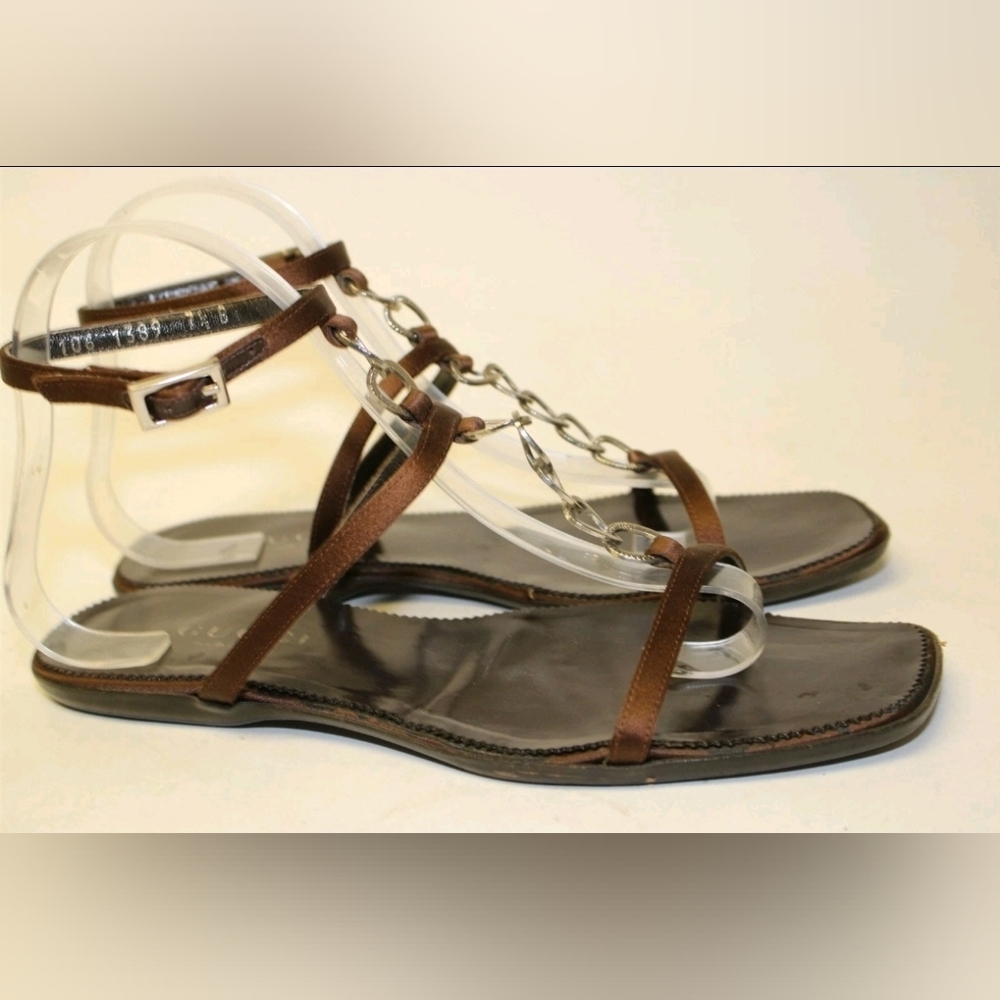 Gucci Sandals 7.5 Italy Made Brown Satin Chain Ankle Strap Shoes - Picture 7 of 14